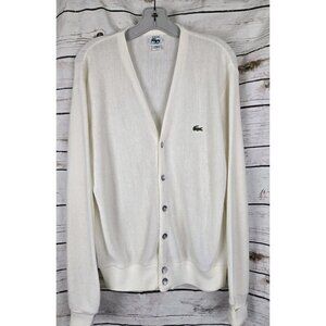 Vintage Izod Lacoste White Cream Mens Sweater Cardigan M Acrylic Grandpa
